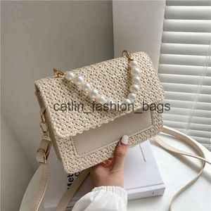 Shoulder Bags 2023 New Summer Fashion Pearl Minimalist Wern Style Crossbody Ins straw Woven HandbagH24217