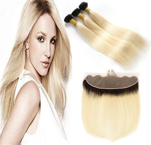 Dark Root Ombre 1B 613 Blonde Two Tone Human Hair Weft Bundles With Full Frontals Honey Blonde Ombre Hair Weaves With Frontal Clo3877537