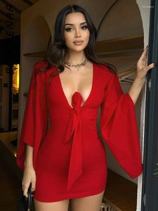 Casual Dresses BOOFEENAA Tie Up Deep V Flare Sleeve Short For Women Spring 2024 Elegant Sexy Red White Black Dress Club Wear C85-CB33
