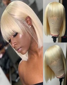 Sprzedawanie koronkowych przednich ludzkich peruk włosów z grzywką 13x4 Przezroczyste koronkowe Brazylijskie Remy Hair 150 Prosta peruka Bob Pre ​​Plucked30267382844122