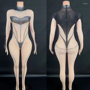 Scene Wear Full Rhinestones Jumpsuit Sexig Mesh Pole Dancer Clothing Women's Party DJ Gogo Costume Clubwear Rave Outfit XS6619