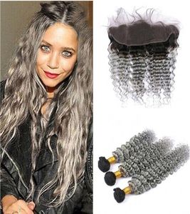 8A Malaysian Deep Wave Grey Human Hair 3 Bundles With Lace Frontal 2 Tone 1B Gray Curly Ombre Virgin Hair Weaves Dhl 9877274