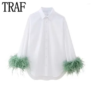 Women's Blouses 2024 White Shirt Women Green Feather Button Up Asymmetrical Long Sleeve Blouse Elegant Chic Woman Top Party