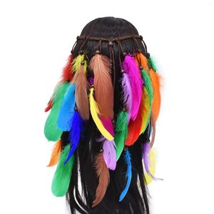 Grampos de cabelo étnico boêmio pena colorido bandana para mulheres pavão headpiece cigano banda headdress acessórios artesanais