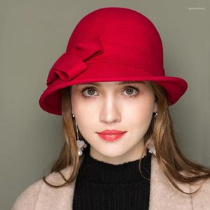 Berets Lady Fedoras Wool Hat Girls Autumn Winter Bow Woolen Female Curling Fisherman Dome Adjustable Basin Cap B-8730