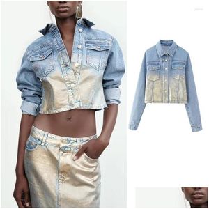 Women'S Jackets Womens 2023 Cropped Denim Jacket Women Fashion Metallic Jeans For Long Sleeve Bomber Woman Autumn Button Coat Drop D Dh87Q