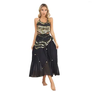 Stage Wear Womens Belly Dance Outfit Performance Traje Glittery Lantejoulas Halter Self-Tie Crop Top com Saia Irregular Hip Scarf