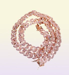 UWIN 9mm Iced Out Damen-Halskette, Roségold, Metall, kubanischer Link, voll mit rosa Zirkonia-Steinen, Kette, Schmuck 7081583
