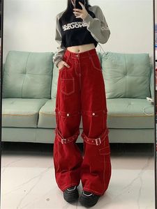 Women's Jeans Button Splicing Design High Waisted Red American Fashion Vintage Streetwear Wide Leg Trouser Female Denim Pants