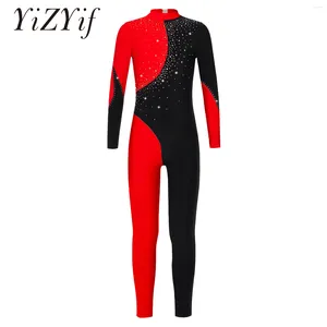 Scena noszenie dziewczynki dla dzieci z długim rękawem taniec taniec trącz rhinestone contrast kolor sportowy trening bodysuit kombinezon występowy