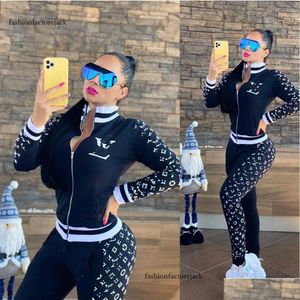 Calças femininas de duas peças Tracksuit Mulheres Casual Impressão Jaqueta e Suor Conjuntos Outfits Navio Drop Delivery Vestuário Womens Roupas Dhvm0