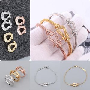 Fashion Simplicity Horseshoe Buckle Zircon Hollow Bracelet Ring U-Shaped Bangle Earrings Women's Light Luxury Bangle Wholesale Valentine's Day Gift