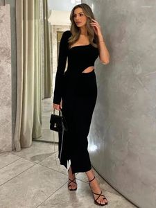 Casual Dresses Celebrity Women Sexy Single Sleeve Cut Out Black Maxi Long BodyCon Bandage Dress 2024 Elegant Evening Club Party