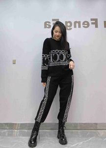 Women's Two Piece Pants Fashion Letter Diamonds 2 Piece Sets Womens Outfits Autumn Clothing Black Tracksuit Casual Pullover Sweater and Joggers Trousers T240217