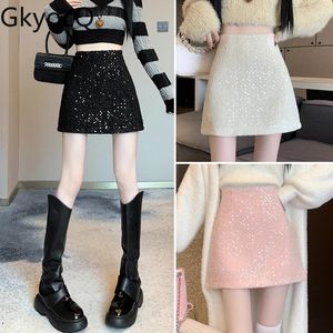 Kjolar gkyocq koreanska mode kvinnor tweed kjol 2024 höst och vinter hög midja en linjes paljetter mini mångsidig smal