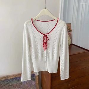 Women's Knits 2024 Spring And Summer Solid Color Round Neck Single-breasted Lace-up Slim Long-sleeved Knitted Cardigan For Women