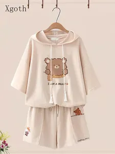 Work Dresses Xgoth Women Cute Bear Hooded Suits Junior High School Girls Sports Leisure Short-sleeved T-shirt Shorts Two-pieces Suit