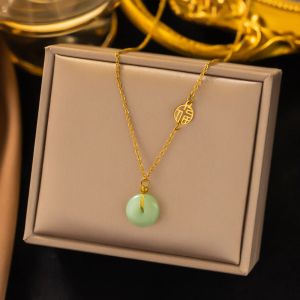 Imitation Jade Pendant Necklace For Women Girl 14k Yellow Gold Color Chinese Style Clavicle Chain Jewelry Birthday Gift