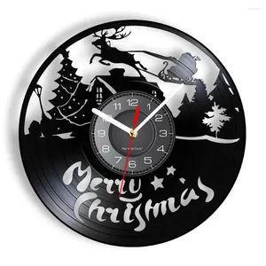 Wall Clocks Christmas Characters Clock Reindeer Santa Clause On Sleigh Record Merry Symbols Housewarming Git