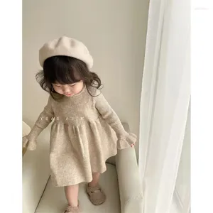 Flickaklänningar Girls 'Winter Sticked Long-Sleeved Korean Baby Solid Warm Fashion Casual Princess Flare Sleeve Children Vestidos