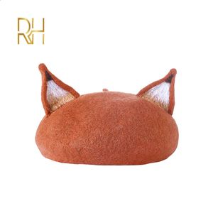 Retro Womens Cute Fox Ear Woolen Beret Caps Real Wool Casual Warm Painter Hat Handmade Nick Cat Ear Beret Hat Gift RH 240118