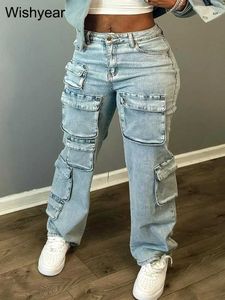 Jeans da donna Pantaloni sportivi con tasche multiple pantaloni cargo in denim elastico per donna bottoni con bottoni a vita alta pantaloni jeans larghi con tasche dritte Streetwear J240217