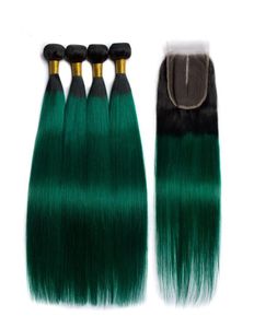 Silanda cabelo ombre cor t 1b verde escuro em linha reta remy trama do cabelo humano 3 tece pacotes com fechamento de renda 4x4 5323654