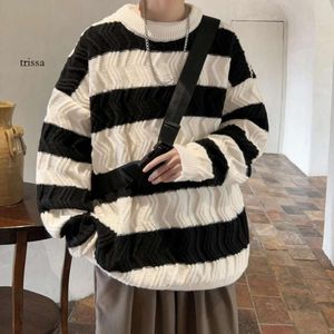 Sweater for Boys in Autumn Winter, Thickened Stripes, Gray Loose Fitting Couple, New Explosive Lazy Style, High-end and Trendy Brand Instagram