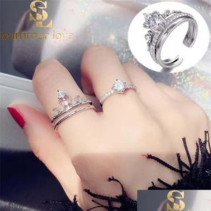 Küme halkaları yeni moda 2pcs/set taç açık yüzüğü kadınlar için rhinestone gül altın sier yüzükler ayarlanabilir evlilik yıldönümü dhgarden dhuuw