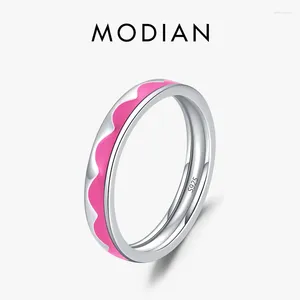 Cluster Anéis Modian 925 Sterling Silver Onda Rosa Bonito Esmalte Dedo Na Moda Empilhável Simples Jóias Finas para Mulheres Presentes de Natal