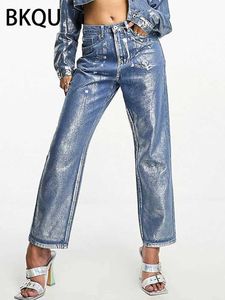 Calças de brim femininas bkqu metálico cintura alta reta jeans feminino 2023 outono nova impressão solta perna larga calças jeans streetwear harajuku vintage j240202 j240217