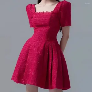 Sukienki imprezowe Kobiety Małe pachnące czerwone vintage kwadratowa sukienka na szyję bąbelek krótki rękaw Line plisowany frędzle słodka francuska dama tweed mini
