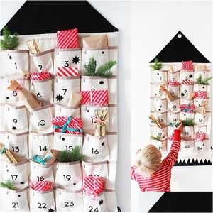 Decorações de Natal 24 Bolsos Tecido Calendário de Natal para Pendurar Enfeites de Natal Festa Advent Dstring Bags Enfeites Banner P Dhaig