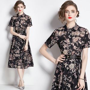 Mulheres boutique vestido impresso 2024 vestido de verão high-end temperamento senhora vestido de manga curta vestidos de pista ol