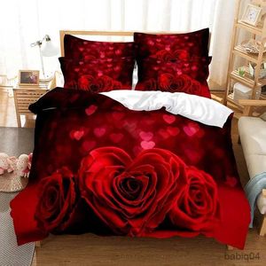 Set di biancheria da letto Set di biancheria da letto con rosa rossa Copripiumino / Copripiumino 3D HD Doppio completo King Queen Twin Singolo 3/2PCS Copripiumino in poliestere