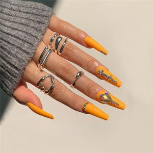 False Nails 24st Retro French Fake With Yellow Design Ballerina Full Cover Press On Square Super Long Nail Art Tips