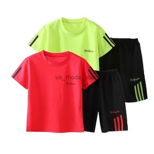 Kläderuppsättningar Summer Child Clothes Set for Boys Casual Red White Tracksuits T-Shirts + Pants 2st For Kids Teens Sportwear Clothes Suits4-12