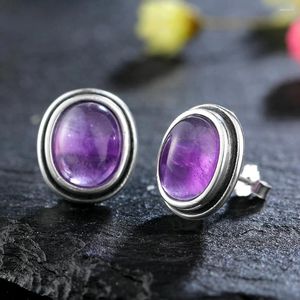 Studörhängen Natural 8x10mm Amethyst Earring 925 Sterling Silver for Women Simple Vintage Jewelry Anniversary Gift