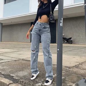 Women's Jeans Womens Jeans Street Clothing Retro Quality 2020 Fashion Harajuku Straight Pants High Waist Clothing Wide Legged Denim Clothing Blue J240217