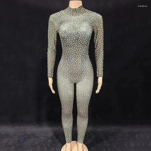 Stage Wear Sexy Rhinestones Long Sleeve Jumpsuit Women Performance Dance Costume Elastic Tight Birthday Party Nightclub Bar