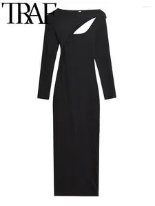 Casual Dresses 2024 Spring Women Elegant Asymmetrical Cut Out Midi Dress Long Sleeve Slim Knitted Soild Female Robe Party Y2K