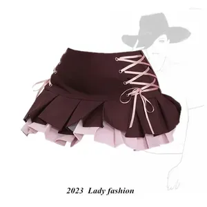 Юбки в стиле японского колледжа плиссированная юбка Женщины сексуальная пряная девушка коричневая петля розовая летняя шнурка с высокой талией Ap-Line Mini Short