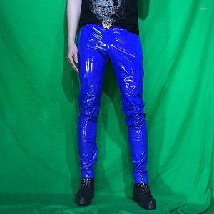 Erkekler Pantolon Shinny Deri Seksi Gece Kulübü Kostümleri Anti-Bright PU Orijinal 2024 İlkbahar ve Yaz Sıkı Stretch Pantolon