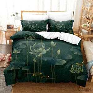 寝具セットフローラルロータス羽毛布団カバーセットキング/クイーンサイズホワイト美しい花の寝具セット大人の緑の葉の柔らかいキルトカバー
