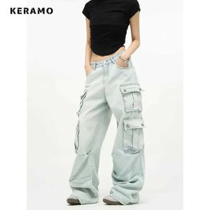 Jeans da donna Stile casual da donna Jeans Harajuku retrò a vita alta da donna Y2K pantaloni blu larghi 2023 pantaloncini di jeans con gamba larga invernale J240217