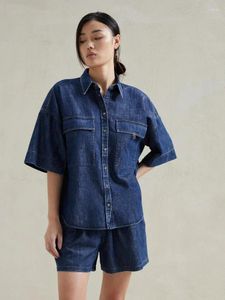 Frauen Blusen 2024 Anzug Frauen Temperament Doppel Tasche Kurzen ärmeln Denim Hemd Shorts Zwei-stück Set