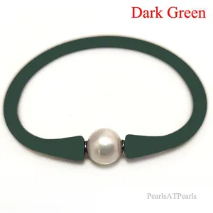 Charm Bracelets 7 Inches 10-11mm One Natural Round Pearl Dark Green Elastic Rubber Silicone Bracelet For Women