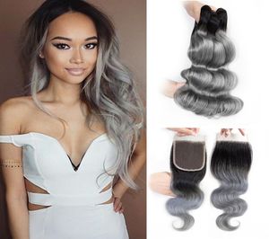 1B Grau Ombre Haarwebart Bundles Mit Verschluss Körper Welle Brasilianisches Reines Haar 1018 zoll 3 Bundles Mit 4x4 spitze Schließung Remy Haar 2190851