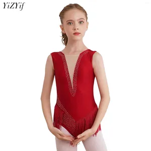 Stage Wear Kids Girls Figure Skating Dance Tassel Leotard Rhythmic Gymnastics Sleeveless Fringed Bodysuit Rhinestones Performance Costumes