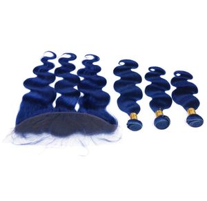 Part 13x4 Full Lace Frontal With Dark Blue Body Wave Hair 3Bundles Blue Color Hair Weaves With Lace Frontal5092133